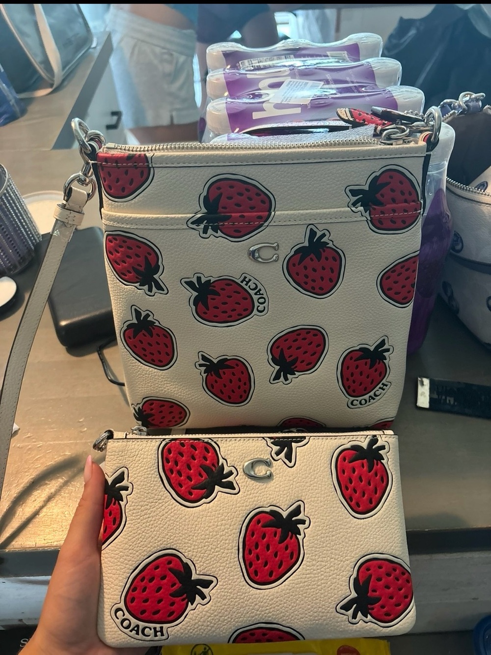 Coach White Strawberry Print Crossbody with Matching Pouch